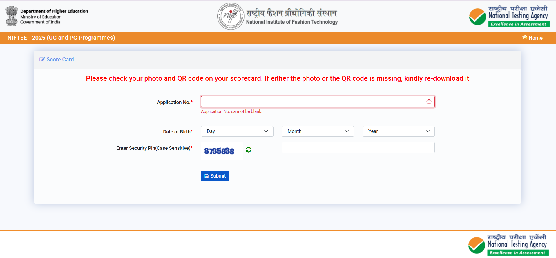NIFT Results Check Login Window