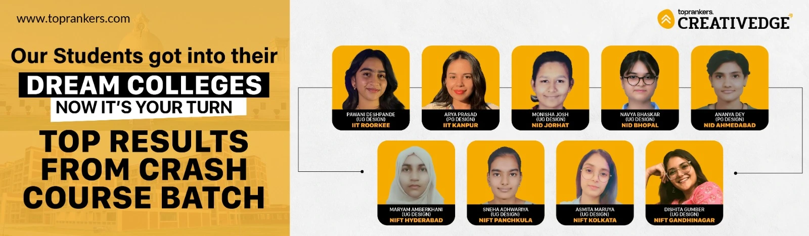 NID, NIFT & UCEED Crash Course Batch Top Results at CreativEdge