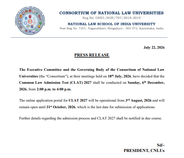 CLAT PG Notification 2027