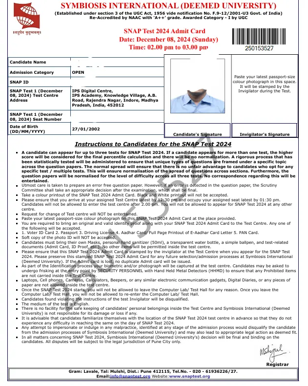  SNAP 2024 Admit Card